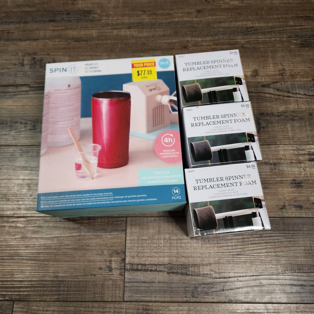 New unopened box Spin It Epoxy Kit and 3 tumbler replacement foams EE&T